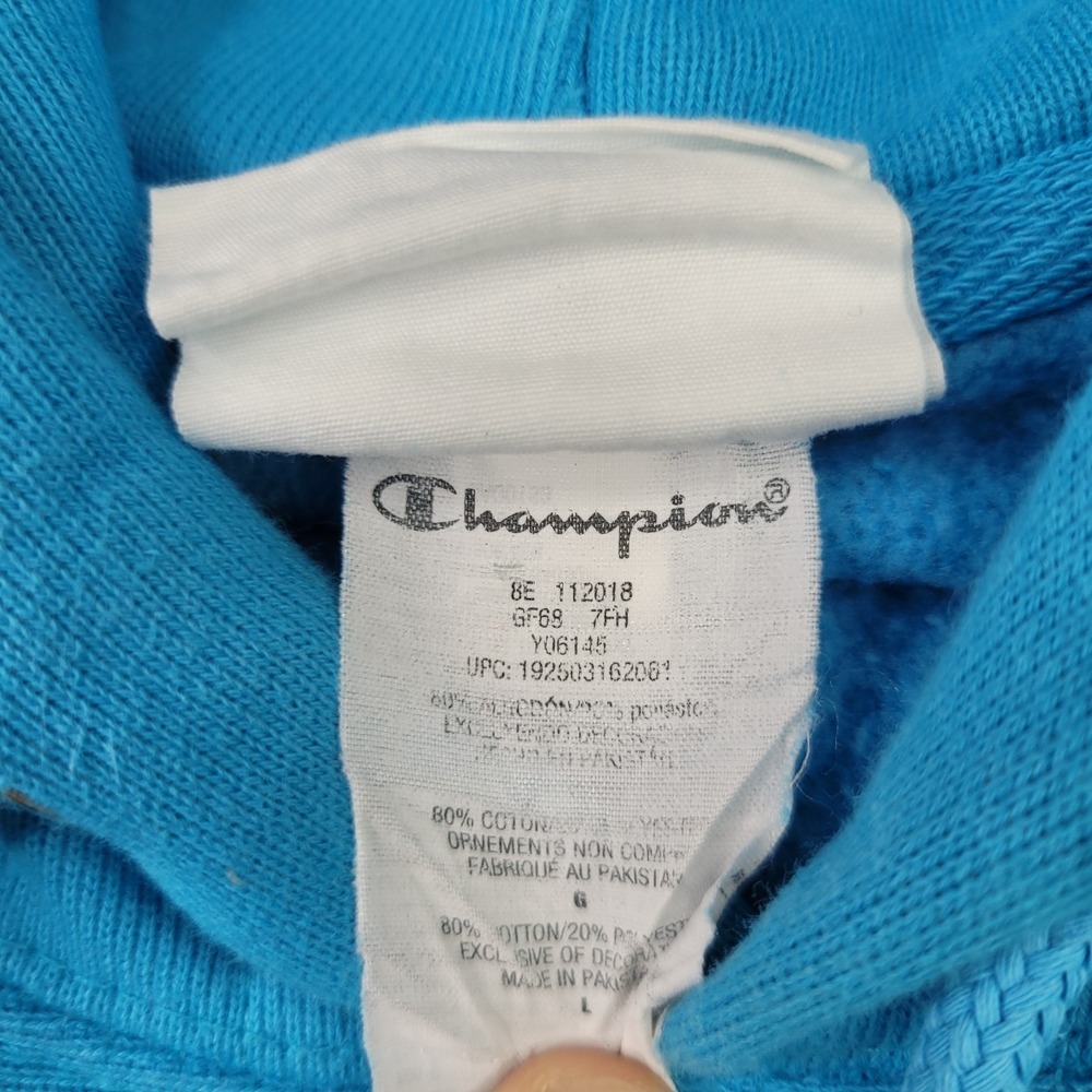 Champion Reverse Weave Hoodie Mens L Blue Pullover Sweatshirt Sleeve Logo - Picture 5 of 10